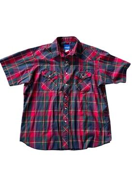 Vintage Wrangler Western Shirt Men’s XL Red Green Plaid Pearl Snap Short Sleeve